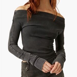 We the Free Free People Dark Gray Ribbed Top off the shoulder